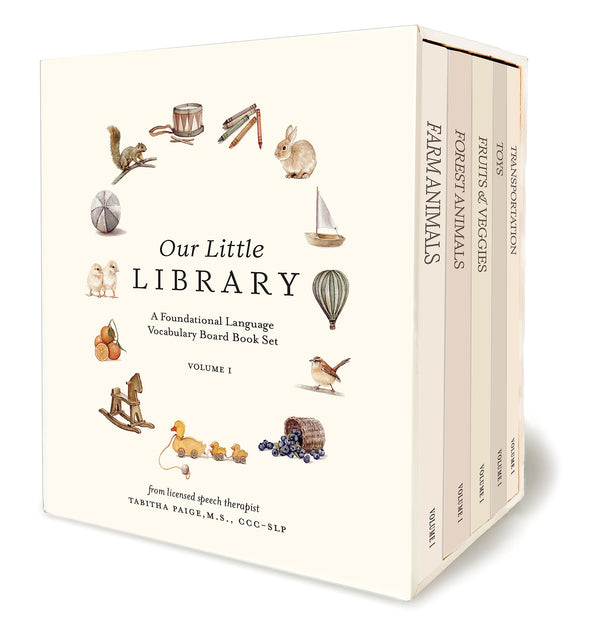 Our Little Library: A Foundational Language Vocabulary Board Book Set for Babies, Including Farm Animals, Forest Animals, Fruits and Veggies, Toys, an