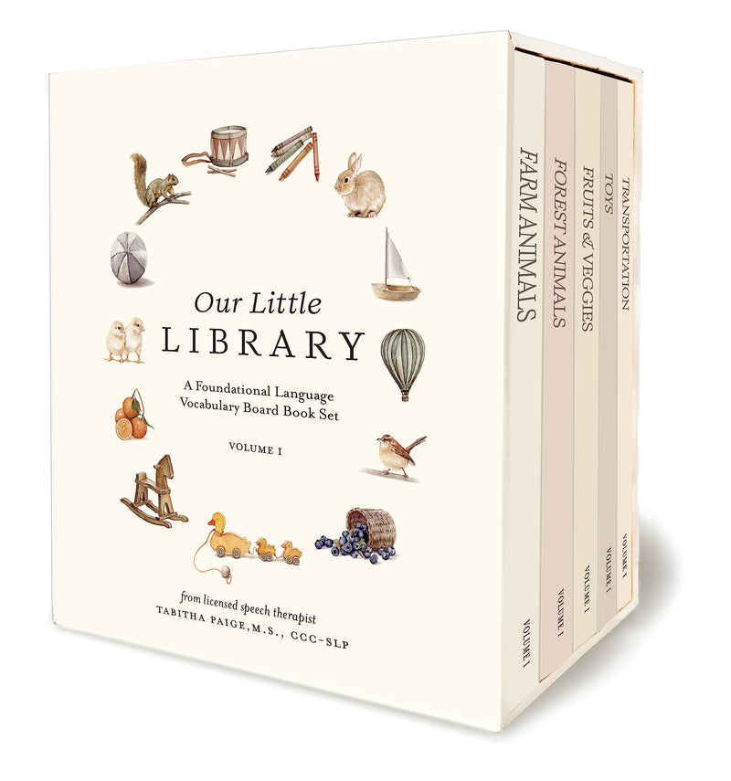 Our Little Library: A Foundational Language Vocabulary Board Book Set for Babies, Including Farm Animals, Forest Animals, Fruits and Veggies, Toys, an